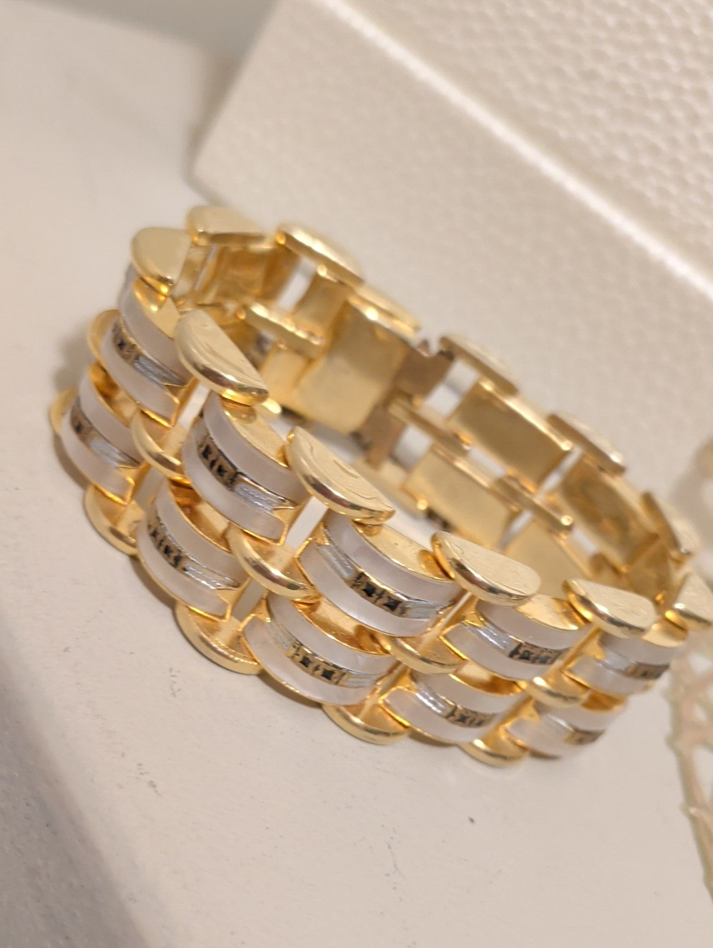 Spanish Toledo Damascene Moonglow Lucite Tank Bracelet Gold Plated 7.25"Long